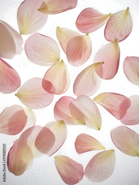 Fototapeta Delicate pink and white flower petals scattered on a white background