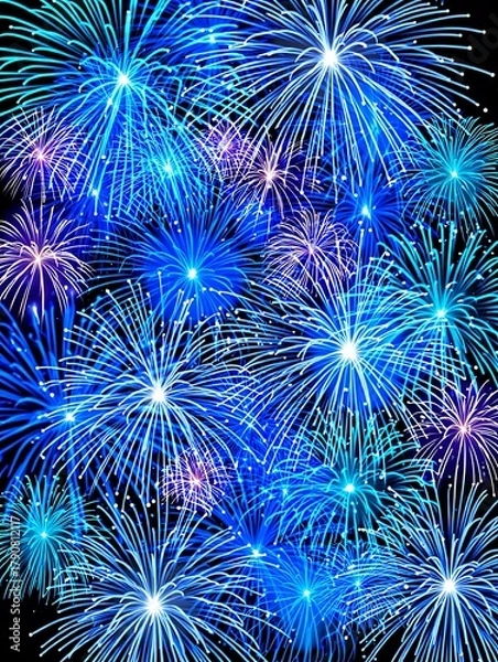 Fototapeta Bright blue and purple fireworks explode in the night sky