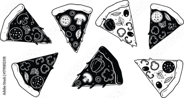 Fototapeta Delicious pizza slices arrangement showcasing various toppings with black outline