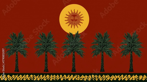 Fototapeta South American Inspired Illustration with Inca Style Sun, Palm Trees, and Ethnic Patterns on Red Background, Ideal for Wallpaper, Poster, Cultural Art, and Decorative Design Elements