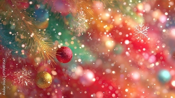 Fototapeta Christmas Holiday Background with Glittering Ornaments, Pine Branches, Snowflakes and Bokeh Lights, Ideal for Wallpaper, Poster, Greeting Card and Festive Design Elements