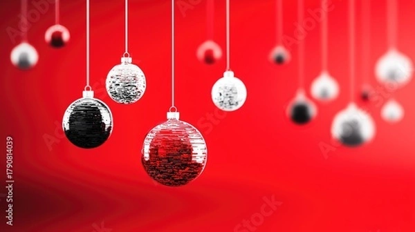Fototapeta Christmas Holiday Background with Hanging Ornaments in Red, Black and White, Ideal for Wallpaper, Poster, Greeting Card and Festive Design Elements