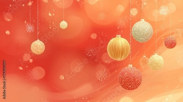 Fototapeta Christmas Holiday Background with Glittering Ornaments, Bokeh Lights and Snowflakes on Red Gradient, Ideal for Wallpaper, Poster, Greeting Card and Festive Design Elements