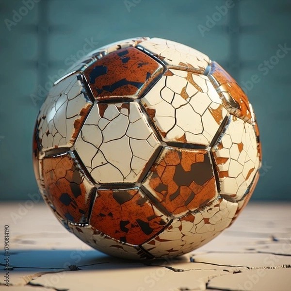 Fototapeta Distressed Soccer Ball on Cracked Surface. A Story of Resilience and Time. Aged Sport Equipment.