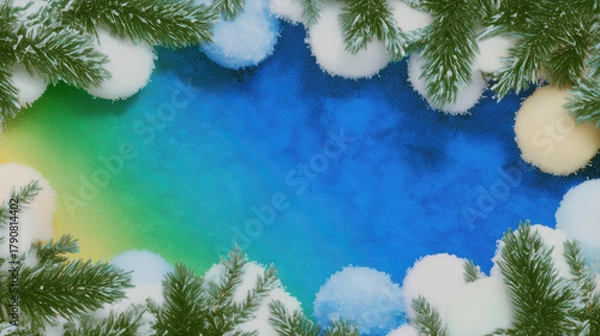 Fototapeta Christmas Winter Background with Snowy Pine Branches, Gradient Blue Green Yellow Design, Ideal for Wallpaper, Poster, Greeting Card and Festive Decor Elements