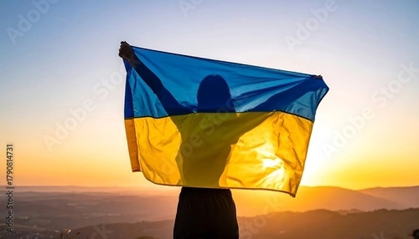 Obraz Person holds Ukraine's flag against sunset backdrop, back view, landscape view
