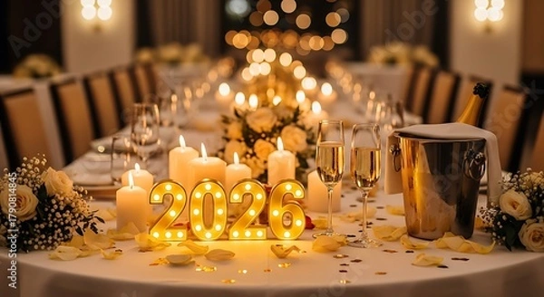 Fototapeta Elegant New Years Eve Table Setting with 2021 Decorations and Champagne.
