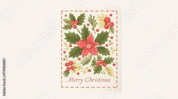 Fototapeta Christmas Greeting Card Illustration with Poinsettia, Holly Berries, Festive Plants in Vintage Print Style, Featuring "Merry Christmas" Text, Ideal for Holiday Decor, Wallpaper, Poster and Graphic 