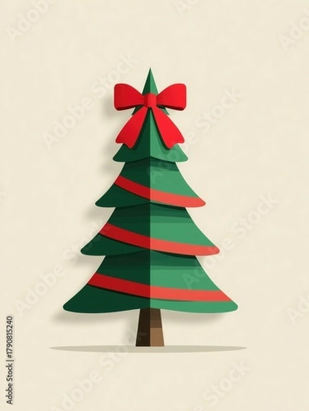 Fototapeta  Christmas Minimalist Tree Illustration with Red Bow and Ribbons on Beige Background, Ideal for Wallpaper, Poster, Greeting Card and Modern Festive Design Elements