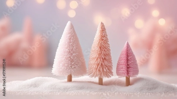 Fototapeta Christmas Pink Trees Illustration with Snow and Bokeh Lights on Pastel Background, Ideal for Wallpaper, Poster, Greeting Card and Modern Festive Design Elements