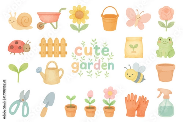 Fototapeta Cute garden vector set with tools, flowers, insects and plants, AI generated.