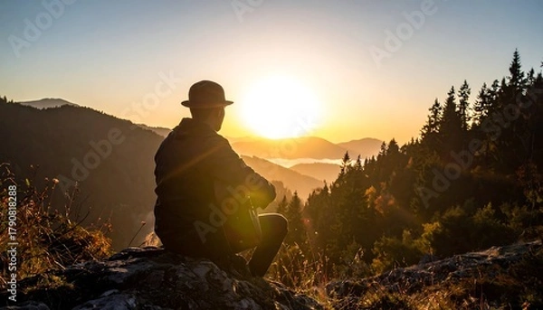 Obraz Person in hat sits atop a rocky peak, silhouetted against a vibrant sunrise over forested mountains