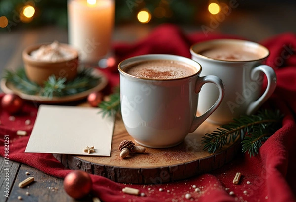 Fototapeta Romantic Christmas card beside two mugs of hot cocoa