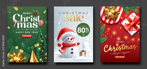 Obraz Merry christmas and Happy new year sale, ornaments poster flyer design, three styles collections green white red background