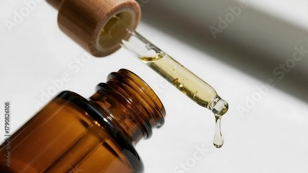 Obraz Hemp seed oil dropper, natural wellness serum, amber glass bottle with droplet, white bg for beauty routine marketing and customizable hooks