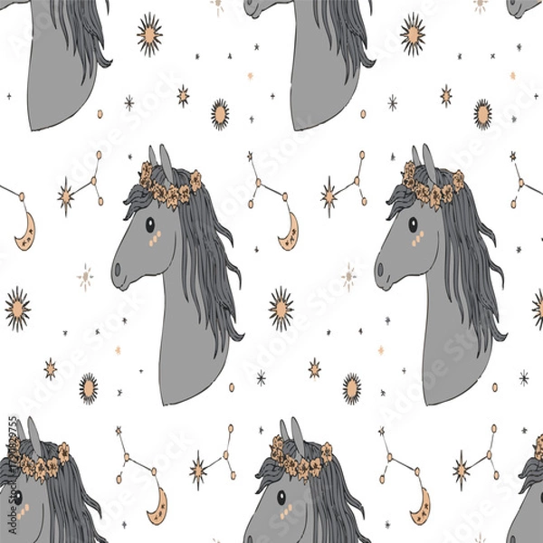 Fototapeta Cute seamless pattern with grey horses and stars in boho style. Pajamas and T-shirt design. Vector illustration zodiac animals on white background




