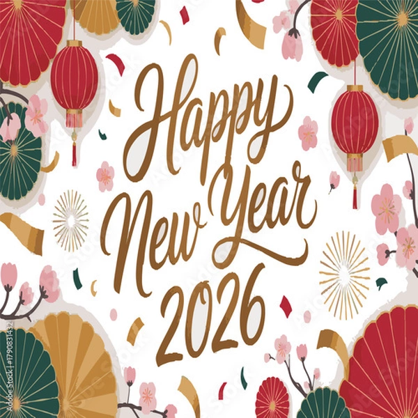 Fototapeta Happy New Year 2026 greeting. Beautiful handwritten quote. Confetti, Celebration, Greetings, Chinese New Year. Poster, card or banner. Vector isolated on white background




