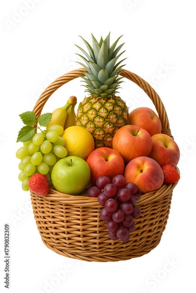 Obraz Wicker basket overflowing with fresh fruit a vibrant mix of colors and textures High quality Realistic image.