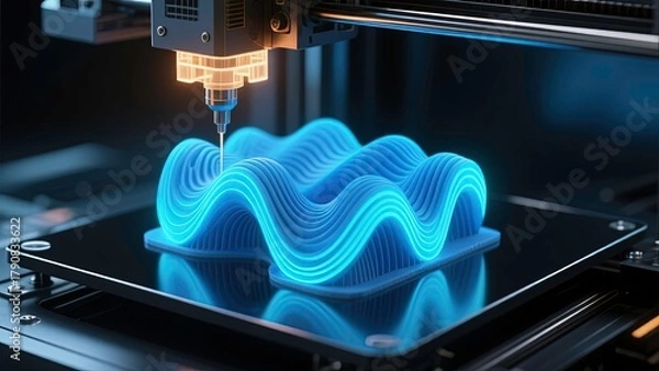 Fototapeta 3d printing process creating a glowing blue abstract structure with flowing wave-like particle. AI Generative