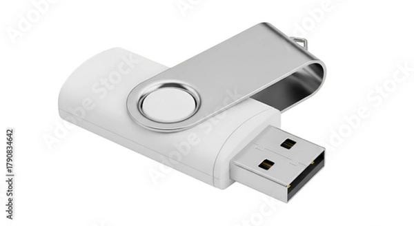 Obraz White USB Flash Drive with Silver Metal Swivel Cap on Black Background