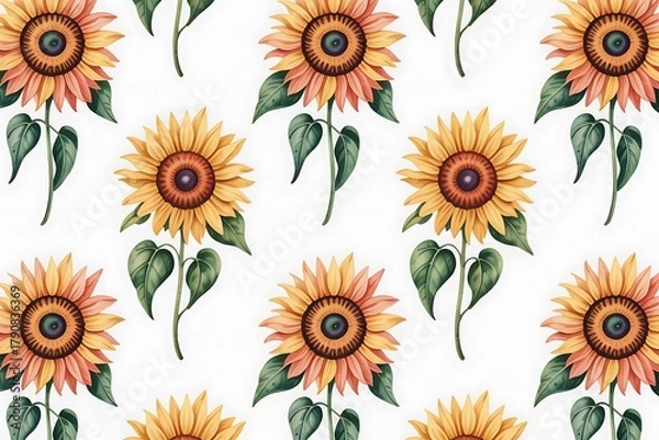 Obraz Watercolor sunflower pattern with green leaves