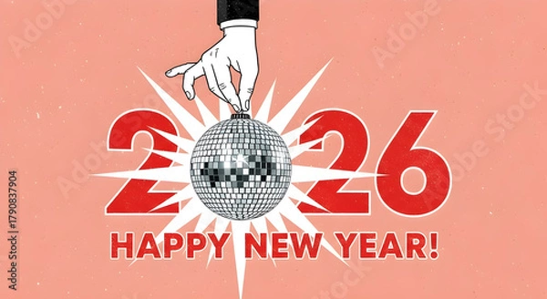 Fototapeta Vintage retro illustration for Happy New Year 2026 with a suit-clad hand holding a silver disco ball, framed by a starburst and set against a salmon pink background.