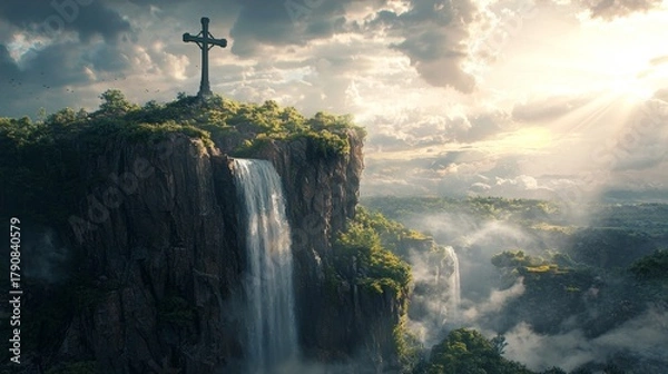 Fototapeta Majestic Waterfall Cascading from Cliffside Crowned with Cross, Bathed in Divine Light, Symbolizing Faith and Natural Beauty
