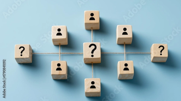 Obraz Question Mark Icons and Employee Icon on Wooden Cubes, Human Resources Leadership Vacancy, Searching for New Manager, Team Hierarchy with Leader Recruitment and HR Decision Concept. 