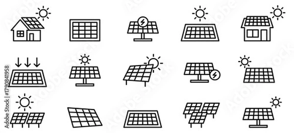 Obraz ソーラーパネルの編集可能なアイコン。太陽エネルギー、太陽光パネル、太陽電池、エコ