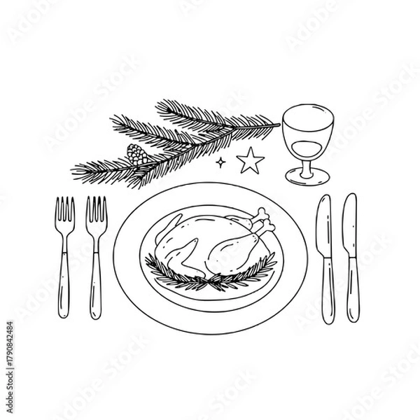 Obraz Illustration of solo Christmas dinner setup with roast chicken and festive decorations on white background copy space