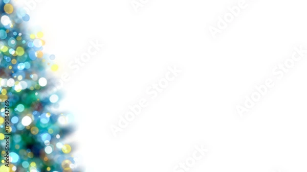 Fototapeta Blurred Christmas tree with glowing colorful bokeh light bulbs and ornaments on transparent background, blue holiday greeting card , festive New Year winter frame backdrop illustration