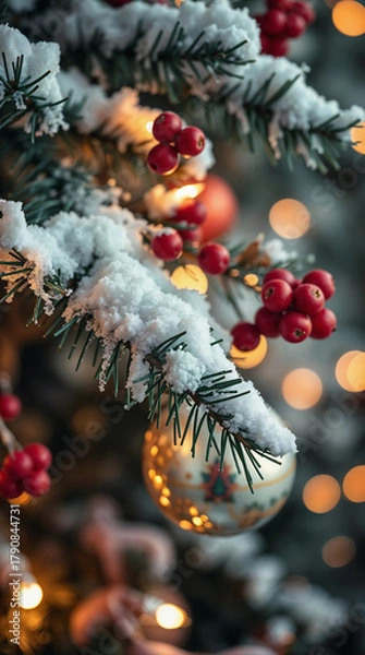 Fototapeta A close-up of a snow-covered Christmas tree branch adorned with red berries and golden ornaments