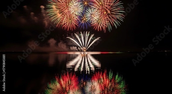 Fototapeta Spectacular Fireworks Display Reflected in Calm Water.