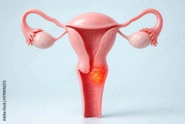 Fototapeta Detailed 3D medical illustration showing a malignant tumor or cancerous growth (carcinoma) located within the uterus of the female reproductive system. Women's health and oncology concept