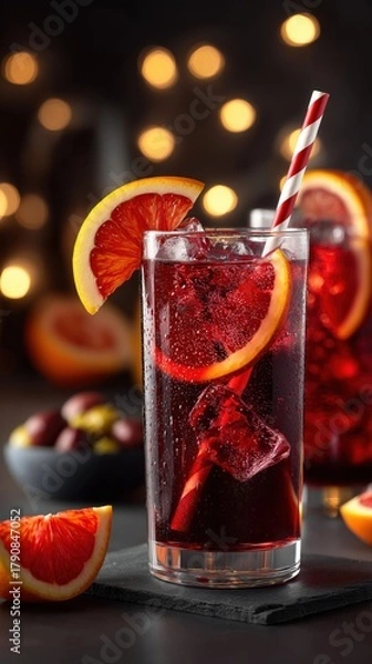 Obraz Blood orange cocktail with ice and a striped straw. Vertical photo of a refreshing red sangria drink against a dark background with festive bokeh lights