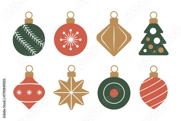 Obraz A collection of stylized, festive Christmas ornaments are displayed against a white background, ready for holiday decoration.
