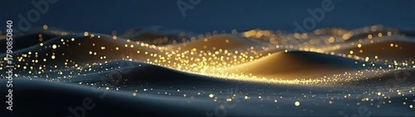 Obraz Golden particles float across dark undulating waves.