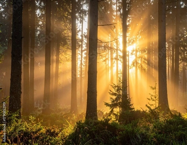 Fototapeta Forêt au lever du soleil – lumière dorée et atmosphère paisible de nature