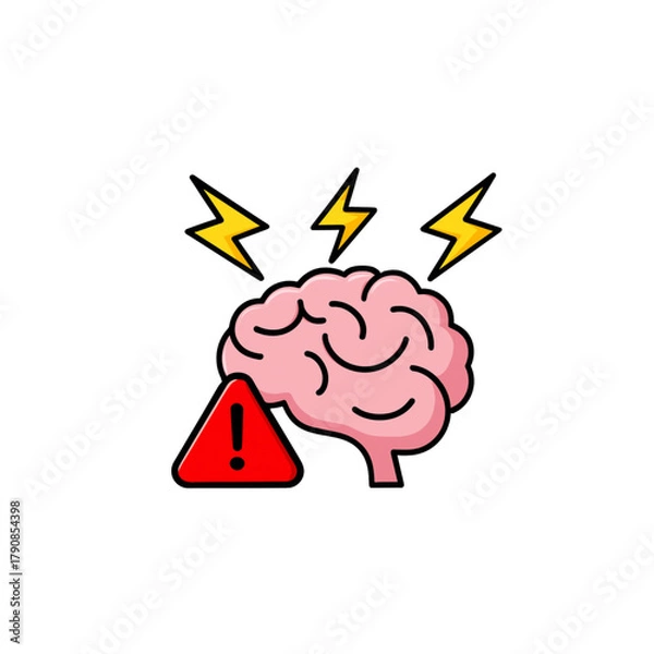 Obraz Brain overload illustration with warning sign symbolizing mental health crisis, anxiety, stress, and cognitive function issues for educational use