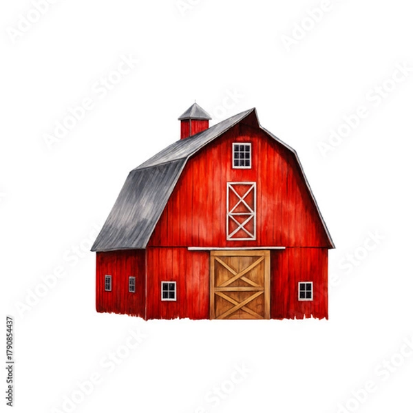 Obraz Vibrant red barn with classic wooden doors and windows, evoking rustic charm and agricultural heritage for your projects.
