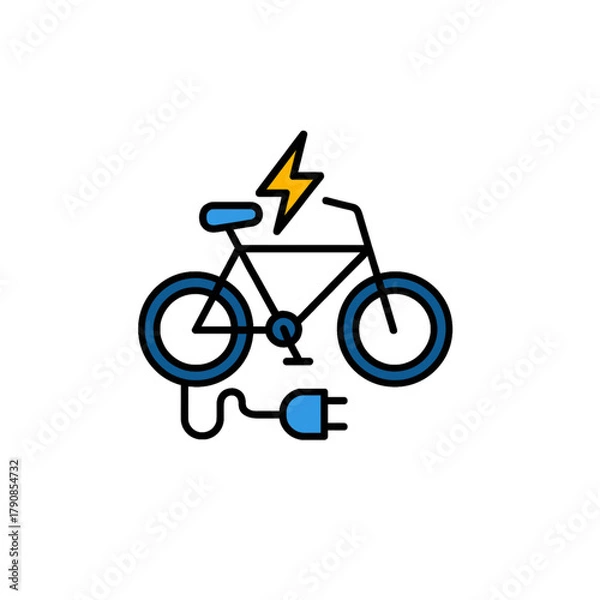 Fototapeta Modern electric bicycle charging with a lightning bolt symbol and power plug, representing sustainable urban transport and clean energy.