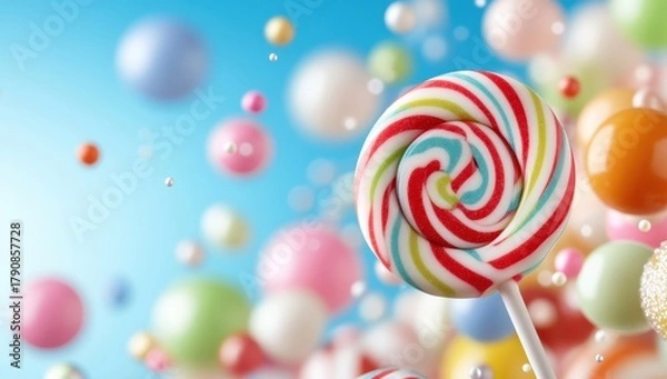 Fototapeta A colorful swirl lollipop on a stick floats amidst a whimsical array of pastel-colored balloons and sprinkles, creating a vibrant, sweet, and playful scene