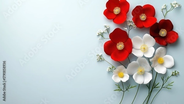 Fototapeta Red and white paper flowers with delicate white gypsophila create a beautiful floral arrangement on a light blue background