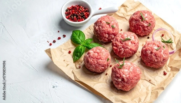 Obraz Raw meatballs with herbs and pepper on parchment paper, against a textured white backdrop, food preparation