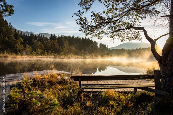 Fototapeta Słońce świeci rano nad jeziorem
