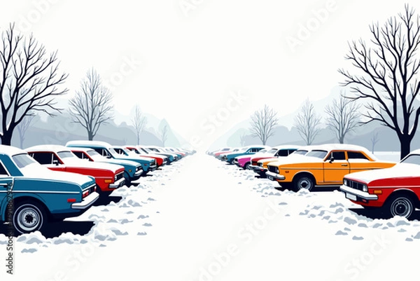 Obraz Colorful parked cars covered in snow in a winter landscape
