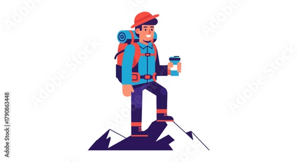 Fototapeta Adventurer Enjoying Coffee Reaching Summit With Backpack Against Black Background