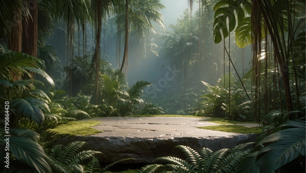 Fototapeta A smooth flat stone platform covered with light moss