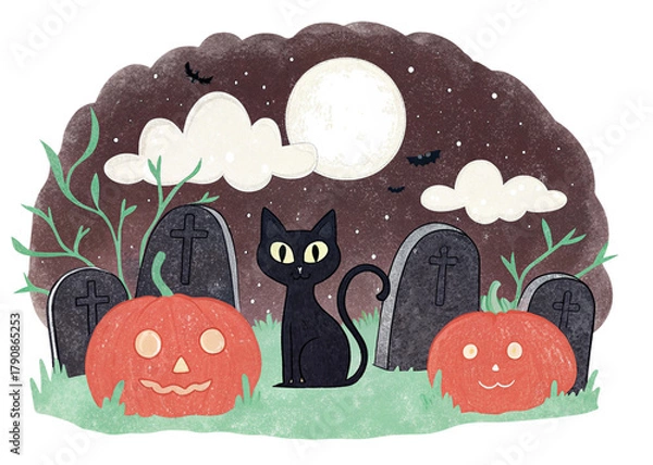 Fototapeta A spooky Halloween illustration showing a black cat in a graveyard at night, surrounded by glowing pumpkins, mist, and a bright full moon in the background. Cartoonish yet atmospheric style. 2