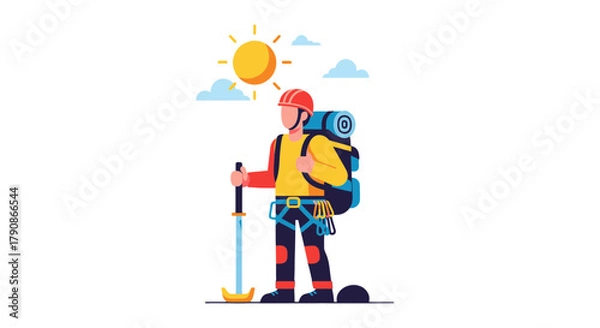 Fototapeta Adventurer Standing Under a Sunny Sky, Ready for a Challenging Mountain Expedition